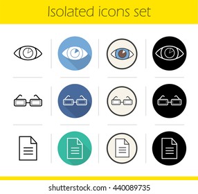 Ophthalmology icons set. Flat design, linear, black and color styles. Human's eye, contact lens, eyeglasses prescription. Optometry. Isolated vector illustrations