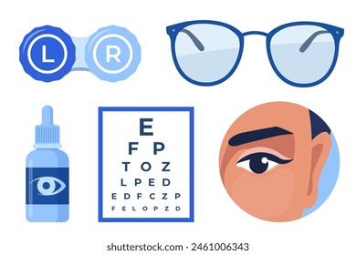 Conjunto de iconos de oftalmología. Gafas, gotas para los ojos, lentes de contacto, mesa de pruebas con letras para el examen ocular. Corrección de visión. Concepto de oftalmología