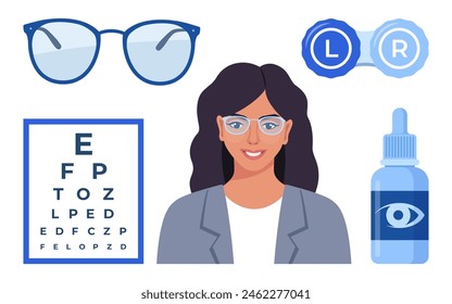 Conjunto de iconos de oftalmología. Gafas, gotas para los ojos, lentes de contacto, mesa de pruebas con letras para el examen ocular. Corrección de visión. Concepto de oftalmología