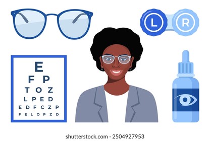 Ophthalmology icons set. Glasses, eye drops, contact lenses, test table with letters for eye examination. Vision correction. Ophthalmology concept