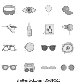 Ophthalmology icons set. Gray monochrome illustration of ophthalmology 16 vector icons for web