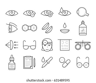 Ophthalmology icons in thin line style: trial frame, ophtalmologist, contact lens case, drops treatment, glasses eyeball, prescription. Eyesight medical diagnostic, vision correction. Vector outline