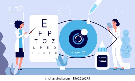 Ophthalmology illustration. Ophthalmologist checks vision vector concept. Woman oculist makes optical eyes test. Ophthalmology clinic vector illustration