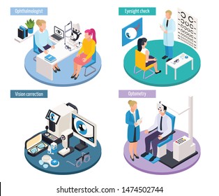 Ophthalmology isometric 2x2 design concept with scenes of medical appointments and professional eye sight checking tools vector illustration