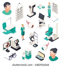 Ophthalmology isometric collection of icons and compositions with professional eye treatment tools human heads and furniture vector illustration