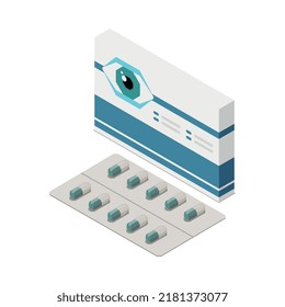 Isometrische Ophthalmologie-Komposition mit isoliertem Bild der Sehhilfe auf unweißem Hintergrund, Vektorgrafik