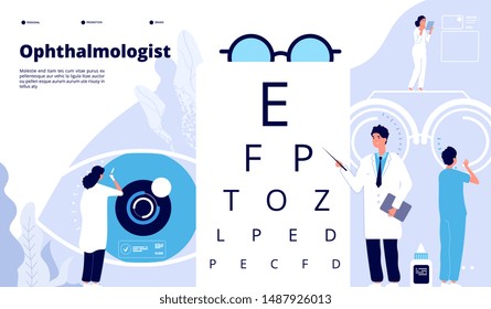 Ophthalmology landing. Ophthalmologist checks patient sight. Eyes test new technology. Eye care ophthalmological vector concept