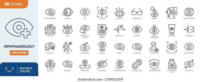 Conjunto de iconos editables de la línea de oftalmología. Contiene iconos relacionados con el cuidado médico de los ojos, la optometría, la corrección de la visión y más. Trazo editable. Ilustración vectorial