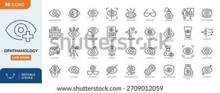 Ophthalmology line editable icon set. Contain icons related to medical eye care, optometry, vision correction, and more. Editable stroke. Vector illustration