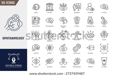 Ophthalmology line editable icon set. Icons related to medical eye care, optometry, vision correction, and more. Outline icon with Editable stroke. Vector illustration