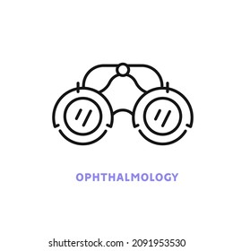 Ophthalmology line icon. Checking eyesight, choosing glasses, special glasses  flat icon. Oculist item. Optometry equipment, health care outline sign. Editable stroke