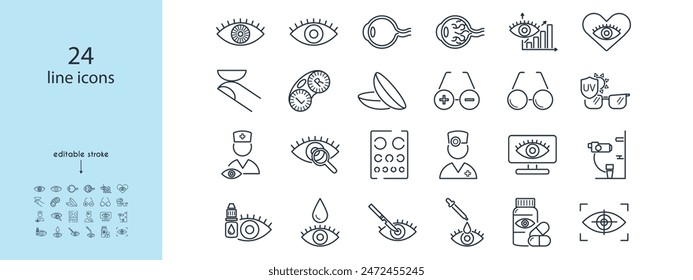 Ophthalmology line icon set. Eye, glasses, test, clinic, contact lenses, slit lamp, iris, retina, plus, minus, treatment dynamics, ophthalmologist, surgery, laser vector illustration. Editable Stroke