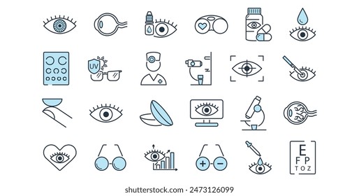 Ophthalmology line icon set. Eye, glasses, test, clinic, contact lenses, slit lamp, iris, retina, plus, minus, treatment dynamics, ophthalmologist, surgery, laser vector illustration. Editable Stroke