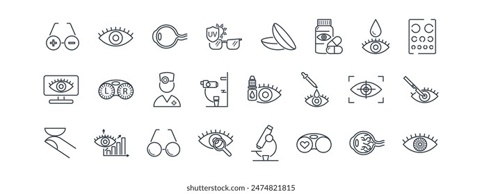 Ophthalmology line icon set. Eye, glasses, test, clinic, contact lenses, slit lamp, iris, retina, plus, minus, treatment dynamics, ophthalmologist, surgery, laser vector illustration. Editable Stroke