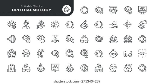 Symbolsatz für die Augenklinik. Augenbehandlung, medizinische Augenpflege, Augenarzt, Augenball, Korrektur, Kontaktlinse, Brille und mehr. Gliederungssymbol im linearen Stil. Vektorsammlung.	
