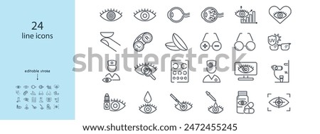 Ophthalmology line icon set. Eye, glasses, test, clinic, contact lenses, slit lamp, iris, retina, plus, minus, treatment dynamics, ophthalmologist, surgery, laser vector illustration. Editable Stroke