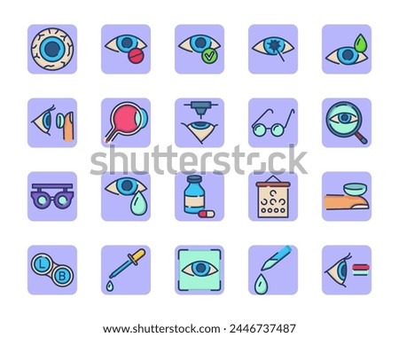 Ophthalmology line icon set. Glasses, eyedropper, oculist tools, laser surgery, lenses. Vector icon collection for optometry, eyes health, eyesight, eye care, medical examination topics