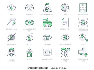 Ophthalmology line icon set. Vector illustration include icon - contact lens, eyeball, glasses, blindness, eye check, outline pictogram for optometrist equipment. Green Color, Editable Stroke.