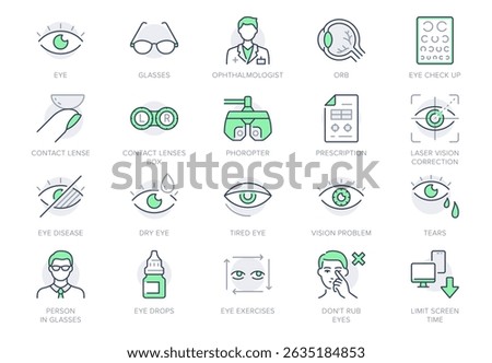Ophthalmology line icon set. Vector illustration include icon - contact lens, eyeball, glasses, blindness, eye check, outline pictogram for optometrist equipment. Green Color, Editable Stroke.