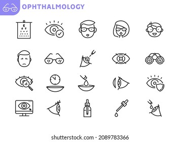 Ophthalmology line icons set. Checking eyesight, choosing glasses, laser vision correction  flat icons collection. Oculist consultation. Optometry equipment, health care outline signs. Editable stroke