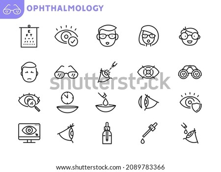 Ophthalmology line icons set. Checking eyesight, choosing glasses, laser vision correction  flat icons collection. Oculist consultation. Optometry equipment, health care outline signs. Editable stroke