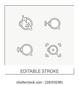 Ophthalmology line icons set. Eye treatment by glasses, surgical operations and eye drops.Medicine concepts. Isolated vector illustrations. Editable stroke