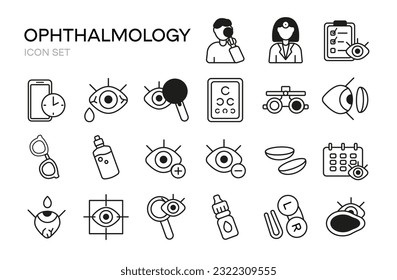 Ophthalmology line icons set. Vision test, choice of glasses, flat icons collection for laser vision correction. Oculist consultation. Vector illustration