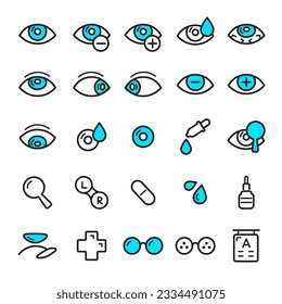 Ophthalmology line icons set. Vision test, choice of glasses, flat icons collection for laser vision correction. Oculist consultation. Vector illustration