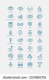 Iconos de línea oftalmológica. La ilustración vectorial incluye ícono - lente de contacto, globo ocular, gafas, ceguera, revisión ocular, pictograma de contorno para equipo optometrista. Color verde, salto modificable