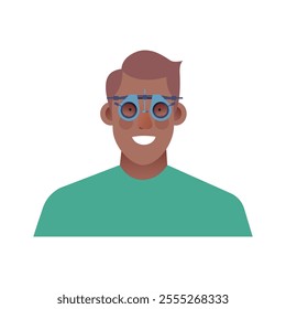 Ophthalmology. Male Patient with Adjustable Optical Trial Lens. Modern Flat Vector Illustration. Social Media Template.