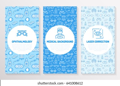 Ophthalmology, medical brochure template, flyer. Eye health care thin line icons laser vision correction, eyesight check, doctor. Cute illustration for hospital poster. Vector trifold blue background.