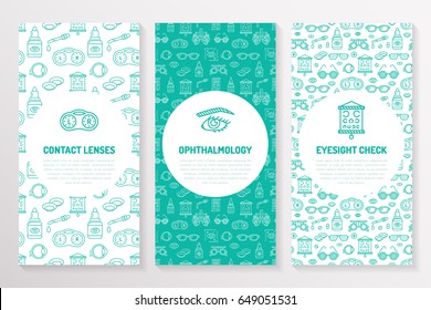 Ophthalmology, medical brochure template, flyer. Eye health care thin line icons contact lenses, eyesight check. Cute illustration for hospital poster. Vector trifold blue background.