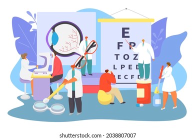 Ophthalmology medical care concept, vector illustration. Tiny ophthalmologist doctor character help patient at hospital, test eyesight.