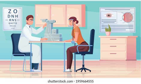 Ophthalmology medical service flat composition with doctor examining patient in clinic vector illustration