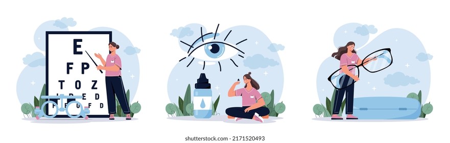 Oftalmología y concepto de medicina. Conjunto de médicos revisando la visión o la vista, ajustando los colirios y las lentes correctivas para los anteojos. Colección vectorial plana de dibujos animados aislada en fondo blanco