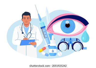 Ophthalmology medicine and optical eyesight examination. Idea of eye care and vision. Ophthalmologist doctor tests myopia. Patient sight correction, treatment with pills drops and glasses