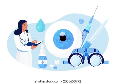 Ophthalmology medicine and optical eyesight examination. Idea of eye care and vision. Ophthalmologist doctor tests myopia. Patient sight correction, treatment with pills drops and glasses