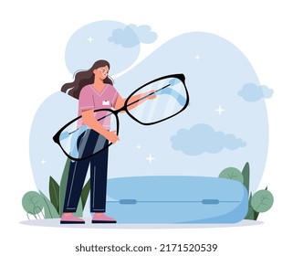 Ophthalmology and medicine. Young smiling female doctor holds eyeglasses with corrective lenses for vision treatment. Consultation with occultist and health care. Cartoon flat vector illustration