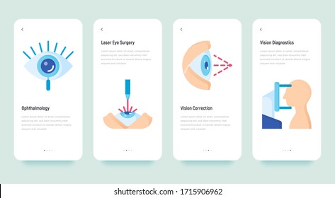 Ophthalmology mobile user interface with flat icons: laser eye surgery, eye test,  autorefractometer. Vector illustration, template with copy space.