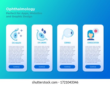Ophthalmology mobile user interface with flat icons: eye health, eye drops, cornea, medical consultation. Vector illustration, template with copy space.