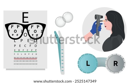 Ophthalmology oculist set vision correction eye anatomy with exam table 