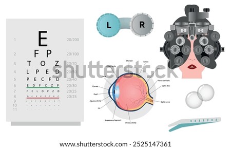 Ophthalmology oculist set vision correction eye anatomy with exam table 