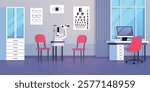 Ophthalmology office. Vision examination clinic. Eye care and medical correction hospital room. Equipment medic. Desk and computer. Selection of glasses. Cartoon flat isolated vector concept