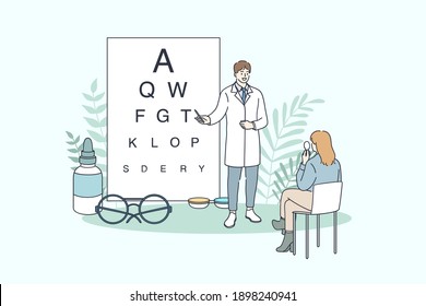 Ophthalmology And Ophthalmologist Concept. Young Man Doctor Ophthalmologist Making Eye Test Using Chart For Sitting Woman Patient Vector Illustration