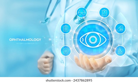 Ophthalmology. Ophthalmologist consultation. Eye Exam. Laser Surgery. Choosing glasses. Doctor holding in hand Eye icon and medicine icons network connection on virtual screen. Vector illustration.