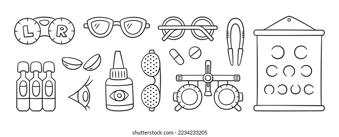 Ophthalmology, optometry hand drawn icon set. Vision test chart, contact lenses, drops and glasses in doodle style. Optometry doodle objects. Vector illustration on white background.