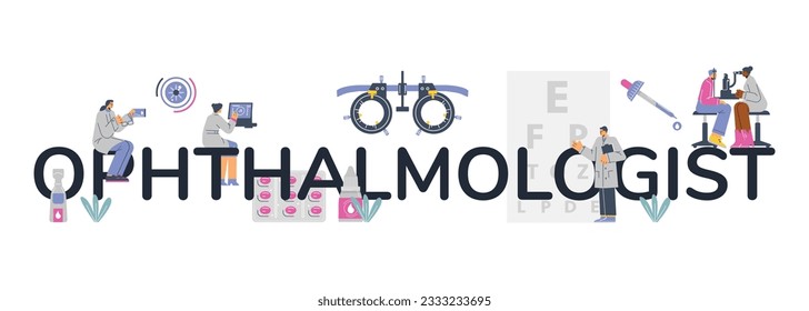 Ophthalmology and optometry professional medic services web banner or site header poster design, flat vector illustration isolated on white background.