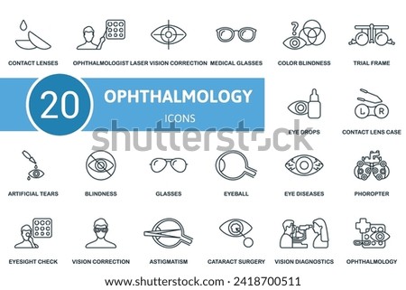 Ophthalmology outline icons set. Creative icons: contact lenses, ophthalmologist, laser vision correction, medical glasses, color blindness and more
