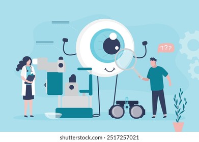 Ophthalmology, research and diagnostics of vision. Doctor ophthalmologist with magnifying glass standing near huge eyeball, anatomy. Vision test chart, artificial eye. flat vector illustration