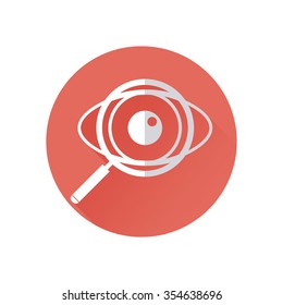 Ophthalmology round icon with eye and a magnifying glass .Concept of optometry, ophthalmic, optician, oculist with long shadow effect. Isolated on white background. Flat modern vector illustration